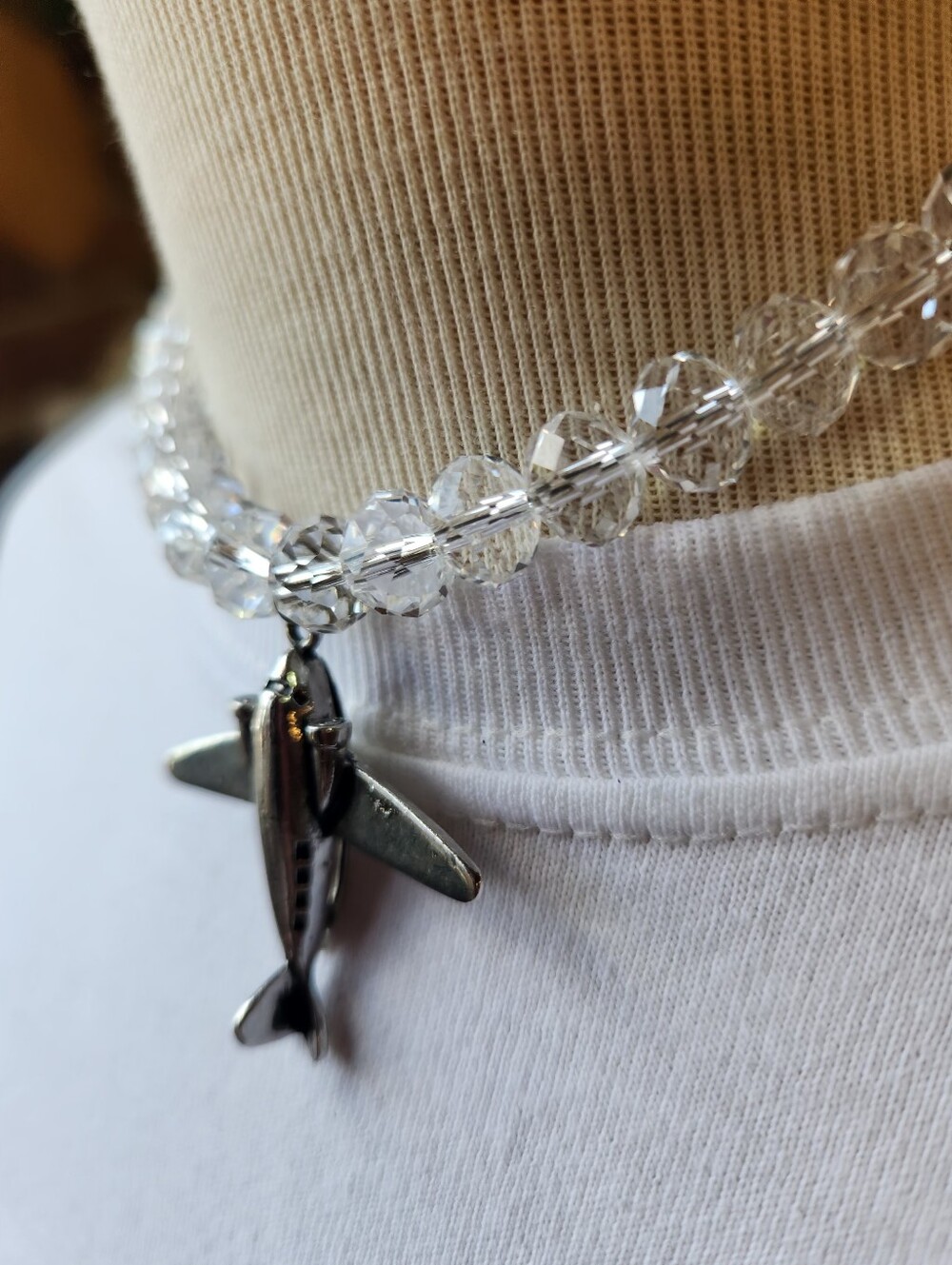 Silver Airplane Pendant Necklace with Clear Beads - Unisex Jewelry - Picture 14 of 14